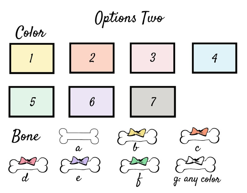 Pu&ograve; includere: Un grafico con opzioni di colore per un osso di cane. I colori sono giallo, pesca, rosa, azzurro, verde chiaro, lavanda, grigio. Le opzioni di osso sono un osso semplice, un osso con un fiocco giallo, un osso con un fiocco arancione, un osso con un fiocco verde, un osso con un fiocco viola, un osso con un fiocco verde e un osso con un fiocco di qualsiasi colore.