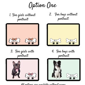 Pu&ograve; includere: Quattro diverse opzioni per un ritratto di animali domestici. Le prime due opzioni mostrano un osso con un nome su di esso. La terza opzione mostra un Bulldog francese con un osso con un nome su di esso. La quarta opzione mostra un Border Collie con un osso con un nome su di esso. Tutte le opzioni sono disponibili senza nome.