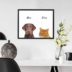 May include: Framed wall art featuring a brown Labrador Retriever and an orange tabby cat. The names "Max" and "Lucy" are written above the pets. The artwork is displayed on a white wall.