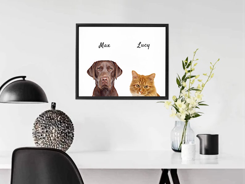 May include: Framed wall art featuring a brown Labrador Retriever and an orange tabby cat. The names "Max" and "Lucy" are written above the pets. The artwork is displayed on a white wall.