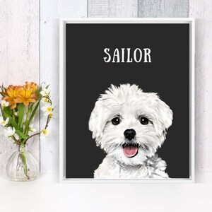 May include: A framed print of a white dog with the name "Sailor" written in white text on a black background.