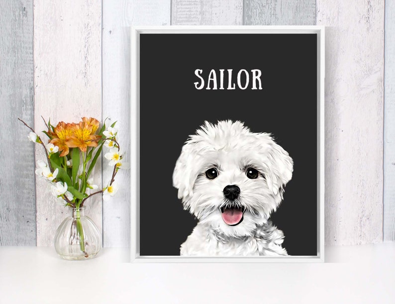 May include: A framed print of a white dog with the name "Sailor" written in white text on a black background.