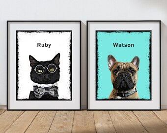 Pet Portrait custom Digital File | Printable pet dog cat wall art print | gift for women | gift for him | animal lover  gift