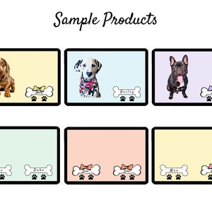 Pu&ograve; includere: Sei sottopentola personalizzati a forma di osso di cane con impronte di zampe. I sottopentola sono di vari colori, tra cui giallo, azzurro, verde chiaro, rosa e viola. Ogni sottopentola presenta un'immagine di razza canina e un nome, come "Molly", "Bailey", "Duke", "Lena", "Max" e "Molly".