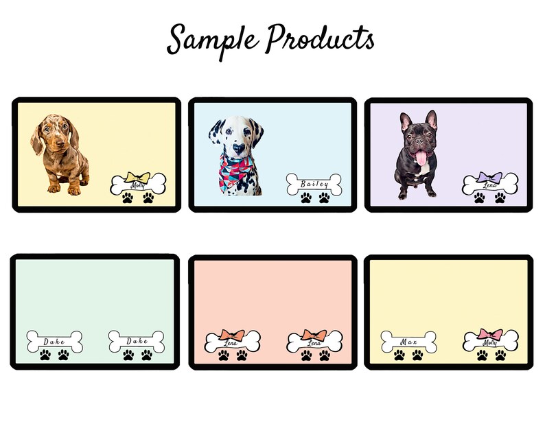 Pu&ograve; includere: Sei sottopentola personalizzati a forma di osso di cane con impronte di zampe. I sottopentola sono di vari colori, tra cui giallo, azzurro, verde chiaro, rosa e viola. Ogni sottopentola presenta un'immagine di razza canina e un nome, come "Molly", "Bailey", "Duke", "Lena", "Max" e "Molly".