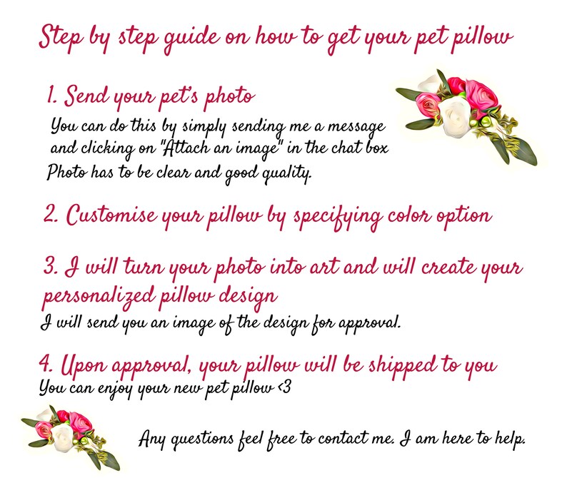 Puede incluir: Fondo blanco con texto manuscrito que detalla los pasos para pedir una almohada personalizada para mascotas. Incluye detalles florales con rosas rosas y blancas. Los pasos son: enviar foto, personalizar color, crear dise&ntilde;o y aprobar.