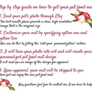 Pu&ograve; includere: Una guida passo passo su come ottenere un tappetino per cibo per animali domestici personalizzato. Invia una foto del tuo animale domestico tramite Etsy, personalizza il tappetino con le opzioni e ricevi un design da approvare prima che venga spedito.