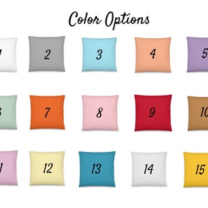 Puede incluir: Una selecci&oacute;n de quince cojines cuadrados en varios colores lisos, cada uno numerado del 1 al 15. Los cojines incluyen tonos de blanco, gris, azul, melocot&oacute;n, morado, verde, naranja, rosa, rojo, marr&oacute;n y amarillo. Las palabras "Color Options" est&aacute;n escritas en cursiva en la parte superior.
