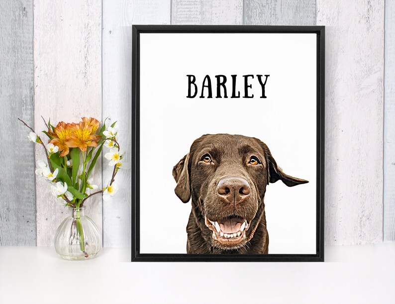 May include: A framed print with a white background featuring a brown Labrador Retriever dog with the name "BARLEY" printed in black text above the dog.