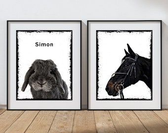 Rabbit lover gift, Custom horse Portrait printable print, custom digital pet portrait | dog cat wall art print, gift for him, pet over  gift