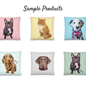 Puede incluir: Colecci&oacute;n de cojines decorativos con retratos de mascotas. Los cojines muestran un bulldog franc&eacute;s, un gato jengibre, un d&aacute;lmata, un perro salchicha, un labrador y otro bulldog franc&eacute;s. Cada coj&iacute;n tiene un fondo de color liso y el texto "Sample Products".