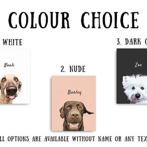 May include: The image displays three dog portraits with the text "COLOUR CHOICE". The first portrait is on a white background, the second on a nude background, and the third on a dark grey background. Each portrait has a dog's name.