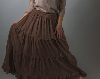 Chocolate brown maxi boho cotton muslin skirt