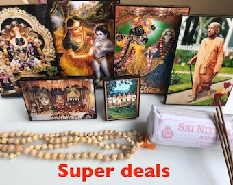 Krishna accessories, painting of Krishna, Narasimhadev, Damodar and Jagannath  incense and rosary for Maha Mantra