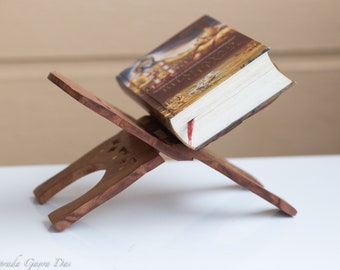 Vintage Solid Carved Wood Book Stand, Collapsible for Storage, Ornate Detailed Design, Carved Leaf Design, Made in India