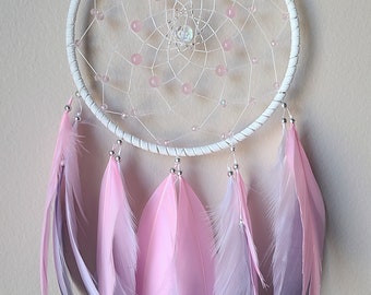 White Pink Rose Quartz Beaded Dreamcatcher. Boys/Girls Nursery Decor. Bedroom Wall Hanging. Authentic Native Canadian Handmade Dreamcatchers