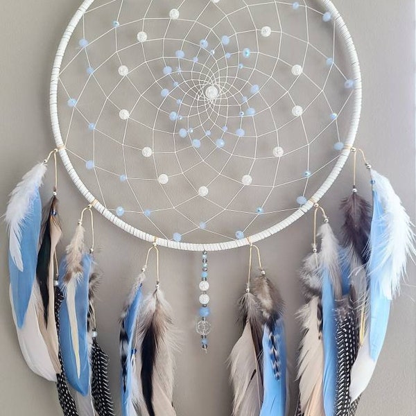 Native-Canadian Blue Beaded Authentic Dreamcatcher. Boys Girls Bedroom Decor. Large Wall Hanging. Nursery Wedding Decor. Indigenous Art.