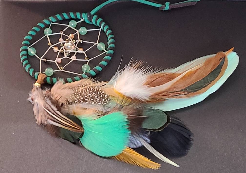 Authentic Green Dreamcatcher. Beaded Dream Catcher. Bedroom Wall Hanging. Nursery Decor. Gifts For Boys. Native-Canadian Art. Feather Decor.