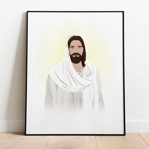 May include: A digital illustration of Jesus Christ in a white robe with a white shawl. He has a beard and long brown hair. The background is a light yellow.