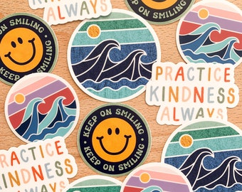 2" Vinyl Sticker Pack: Smiley Face, Ocean Wave, Kindness