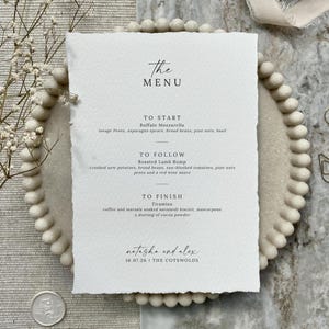 Menù per matrimonio di lusso, fatto a mano, con bordo frastagliato, carta di cotone, personalizzato