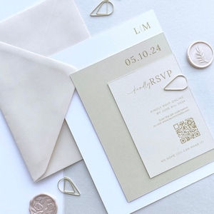 Wedding Invitation, Neutral Invitation Suite with Gold Clip, Champagne, Beige, Ivory, Cream, Blush, Sage, Terracotta, Blue, Grey, SAMPLE