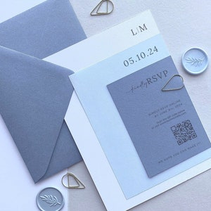 Pale Blue Wedding Invitation, Dusty Blue Wedding Invite with Gold Clip, Cotton Blue Invite, Pastel Blue Invitation, SAMPLE