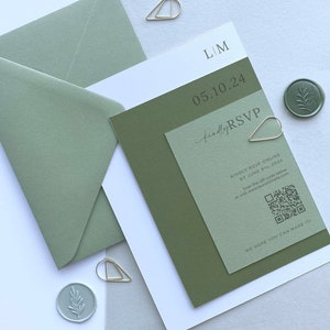 Sage Wedding Invitation, Olive Green Wedding Invite with Gold Clip, Beige, Ivory, Cream, Blush, Sage, Terracotta, Blue, Grey, SAMPLE