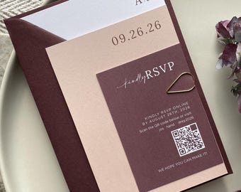Cabernet, Burgundy Wedding Invitation Sample with Gold Clip
