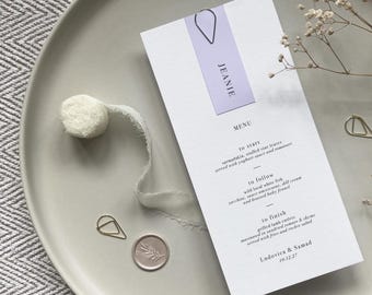 Lavender Wedding Menu with Name Card and Silver Clip