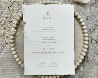 Elegante Hochzeitsmenükarte, handgemacht, Büttenrand, Baumwollpapier, personalisiert