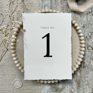 Peut inclure: Une carte de numéro de table rectangulaire blanche avec le texte "TABLE NO." au-dessus d'un grand chiffre noir "1". La carte a un bord texturé et déchiqueté. La carte est sur une assiette beige perlée.