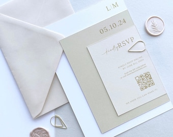 Wedding Invitation, Neutral Invitation Suite with Gold Clip, Champagne, Beige, Ivory, Cream, Blush, Sage, Terracotta, Blue, Grey, SAMPLE