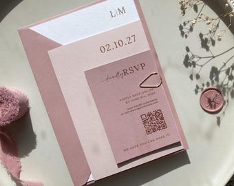 Dusty Pink Wedding Invitation sample with Gold Teardrop Clip