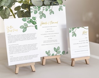 Eucalyptus Wedding Invitation - Eucalyptus and Gold Foil - Wedding Invite - Custom Invitation Bundle - Save The Date - Evening Invite