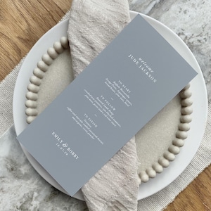 Dusty Blue Wedding Menu, Place card, Personalised Menu Card with guest&#39;s names and custom colourscheme