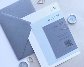 May include: A blue and white wedding invitation with a QR code for RSVP. The invitation includes the date "05.10.24" and the initials "L|M".