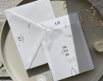 Modern White Wedding Invitation Suite with Gold Teardrop Clip I Sample