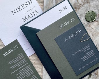 Forest Green Wedding Invitation Sample with Gold Clip