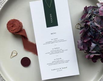 Forest Green Wedding Menu with Custom Name Card and Gold Clip