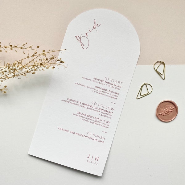 Bogen Hochzeitsmenu| Personalisierte Tischkarte | Eigene Farbzusammenstellung