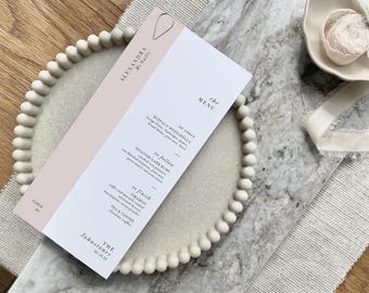 Blush Pink Menu Card | Personalised Wedding Place Setting with Name Tag & Silver Teardrop Clip