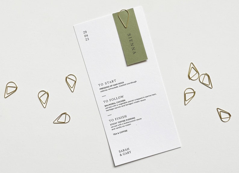 Sage Wedding Menu Personalised Wedding Menu with Gold Teardrop Clip Place Name Card Champagne image 1