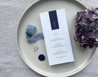 Navy Blue Wedding Menu with Custom Name Card and Gold Clip