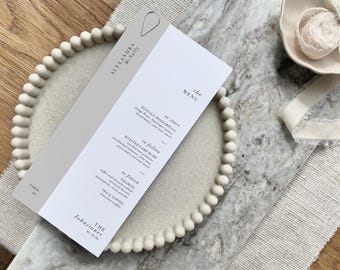 Pale Grey Menu Card | Personalised Wedding Place Setting with Name Tag & Silver Teardrop Clip