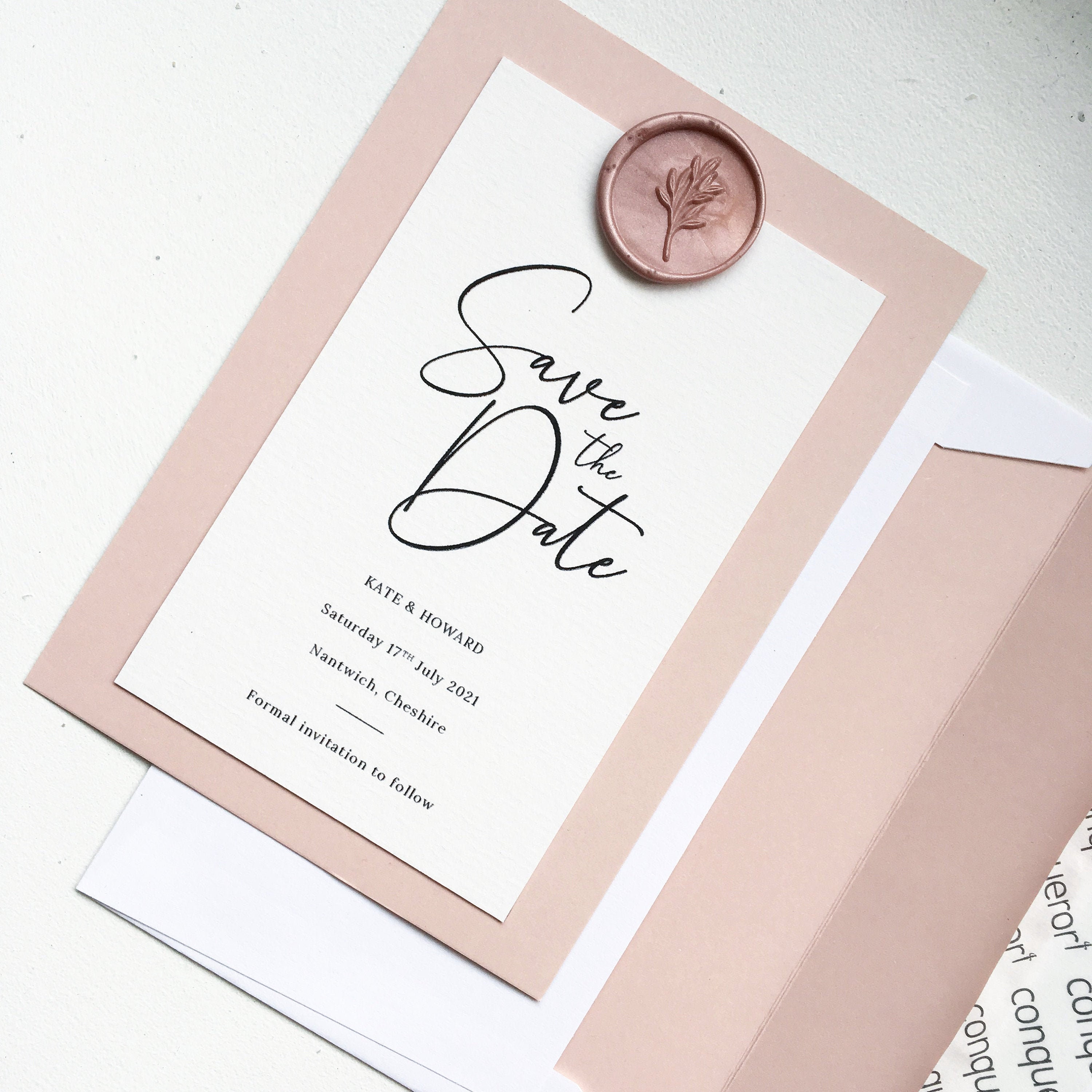 Blush Pink Save The Date Card - With Rose Gold Wax Seal Wedding Invitation Custom