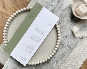 Sage Green Wedding Menu | Personalised Place Setting with Name Tag and Silver Teardrop Clip