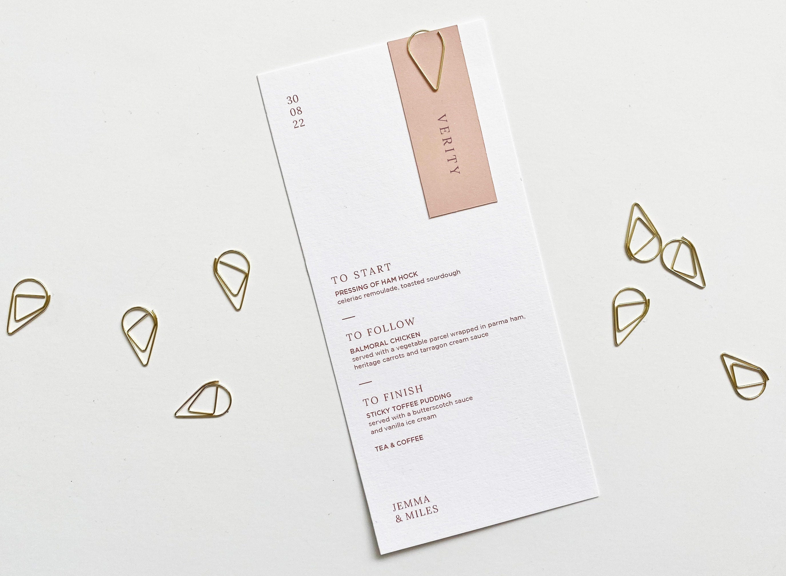 Blush Wedding Menu - Personalised With Gold Teardrop Clip Name Card Pink