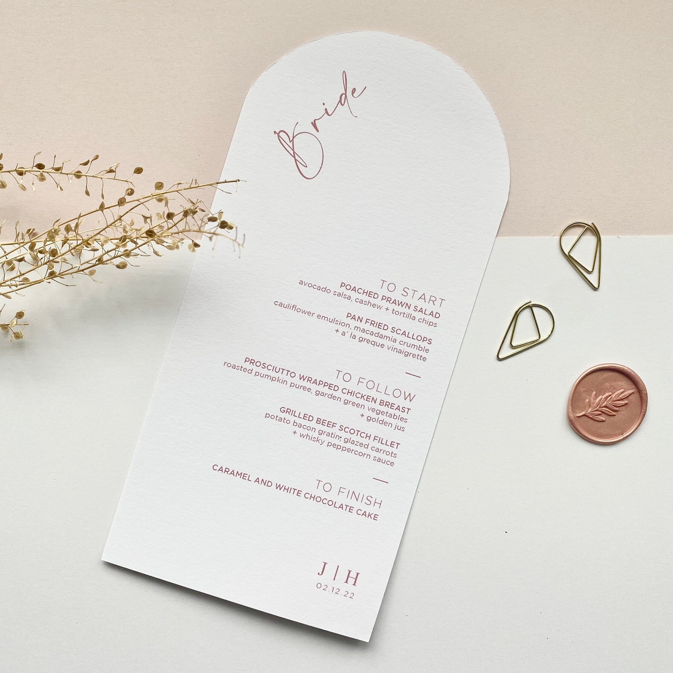 Arch Wedding Menu - Personalised Name Card Pink Champagne Sage Blue Grey Terracotta