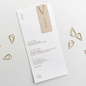 Wedding Menu - Personalised Wedding Menu - with - Gold Teardrop Clip - Place Name Card - Champagne